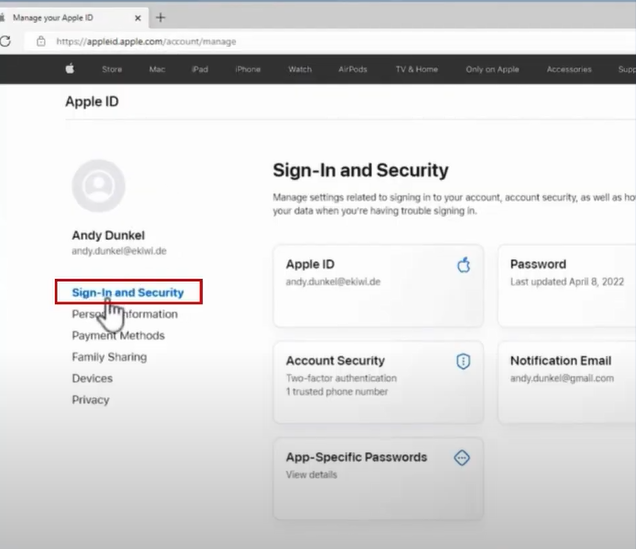select the option Sign-in and Security