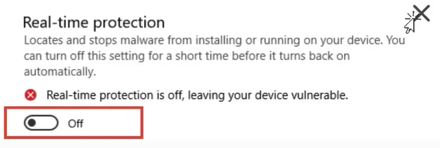 Turn off Real Time Protection