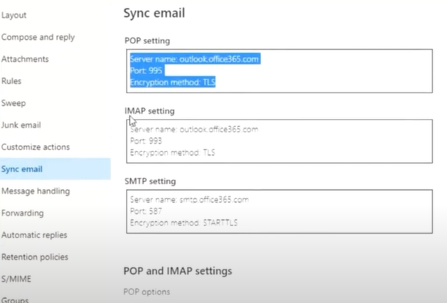 Check Configuration for POP IMAP and SMTP