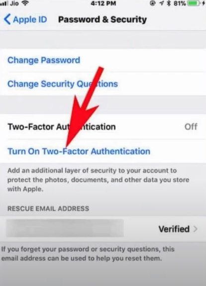Tap turn on two factor authentication