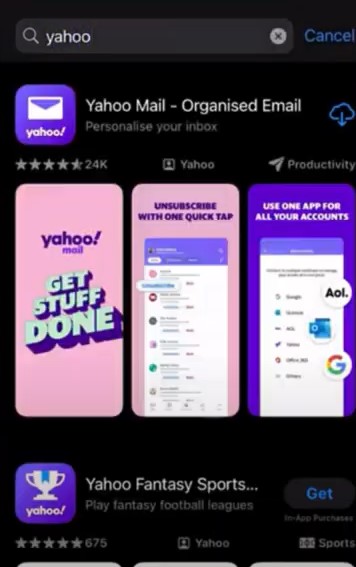 App Store and search for the Yahoo mail application