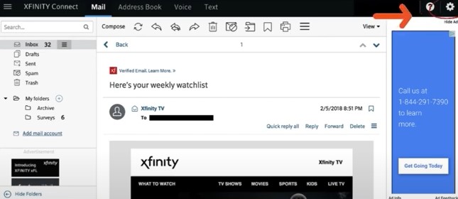 open the Xfinity mail and click on the gear icon 