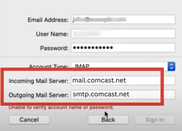 Incoming and Outgoing Mail Server fields