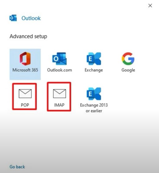Outlook window, select the IMAP or POP option