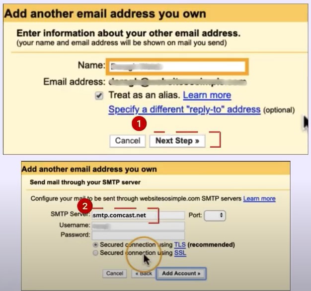 click on Next Step and type smtp.comcast.net