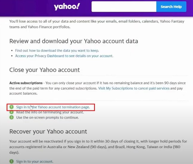 Yahoo Account section and click Sign