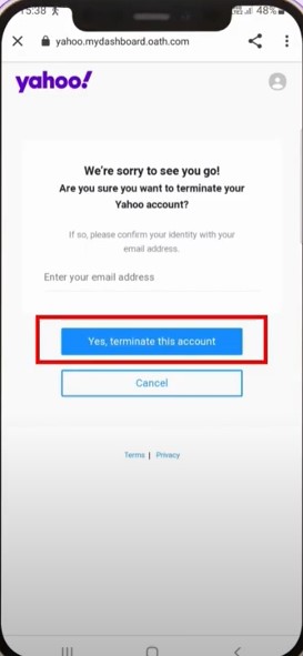 tap Yes, terminate this account