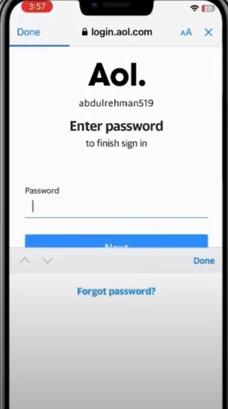 AOL email password and tap Next