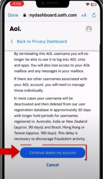 tap Continue to Delete My Account