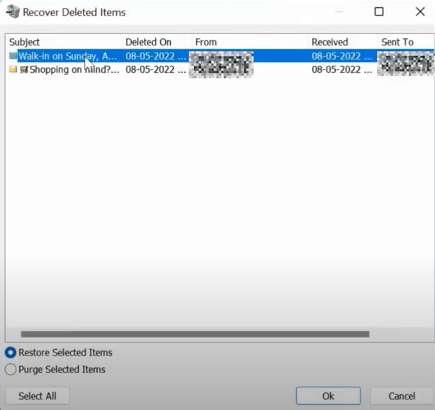 Recover Deleted Items dialog box will appea