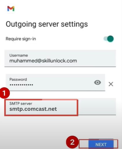 Outgoing Server Settings screen