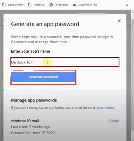 Type Outlook in the Enter your App’s Name