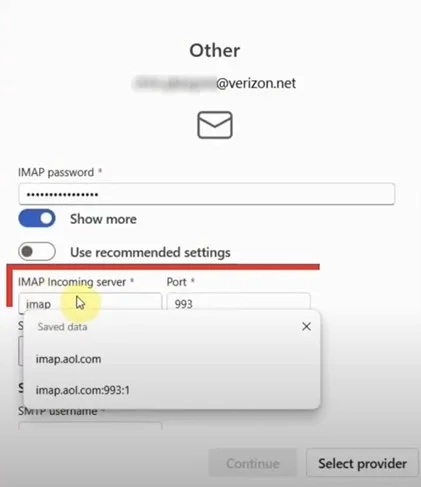 IMAP Incoming Server field