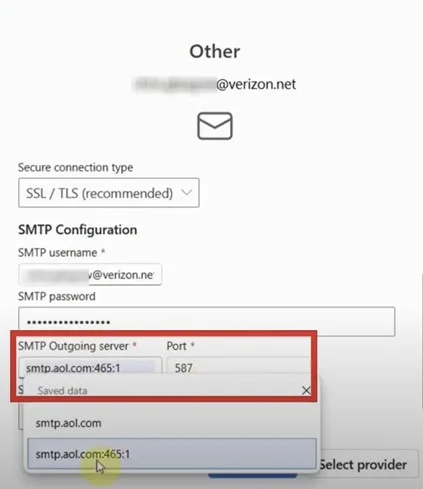 SMTP Outgoing server field