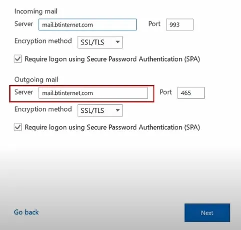  the Outgoing Mail server field