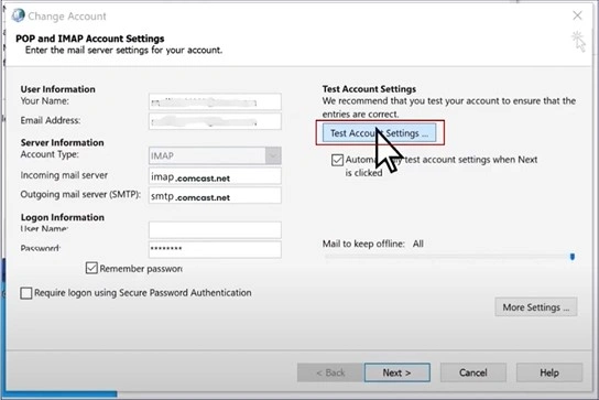 click Test Account Settings