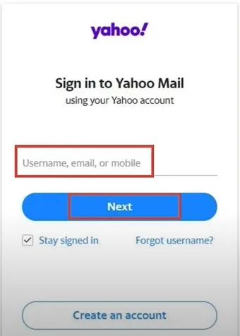 Yahoo email address and click Next