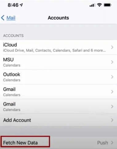 Accounts screen and tap Fetch New Data