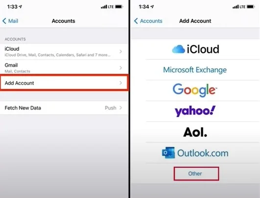 tap Add Account, then select Other