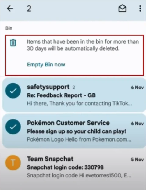 emails that were deleted 30 days