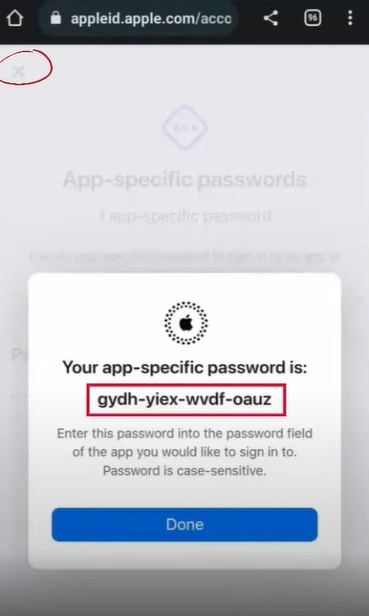 displays the app-specific password