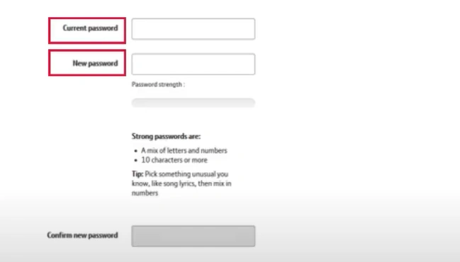 current password and set a new password