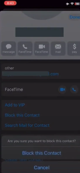 Block this Contact on the pop-up