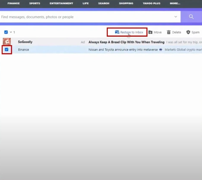 select it and click Restore to Inbox