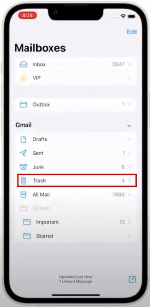 Open up Mail and go to the Trash folder