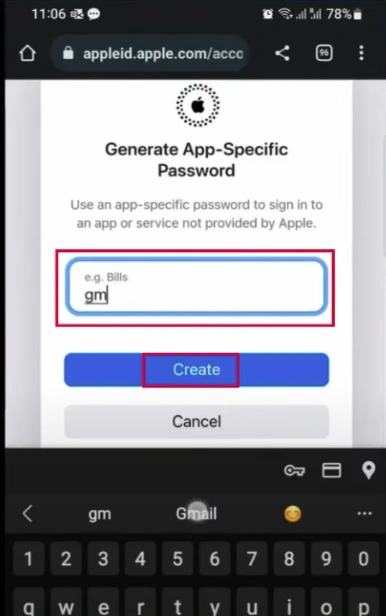 Generate App-Specific Password pop-up