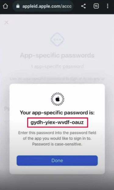 displays the app-specific password