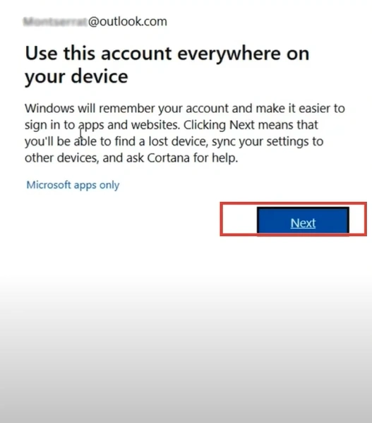 Click Next in the Use this Account Everywhere