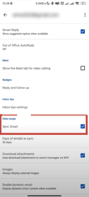 select the Gmail account and ensure the Sync Gmail