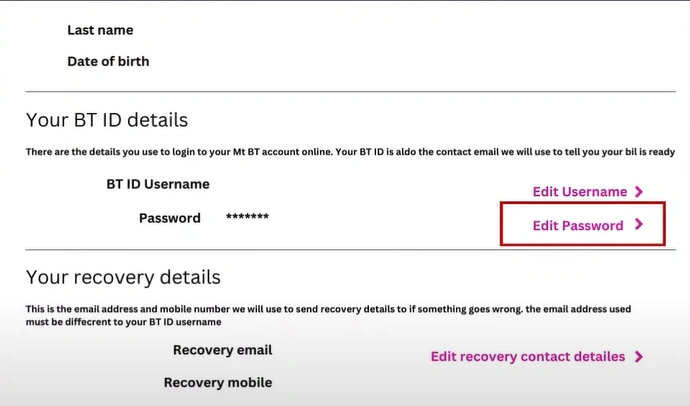 Scroll down to Your BT ID Details