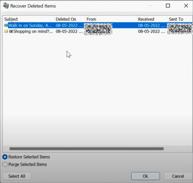 Recover Deleted Items dialog box wil