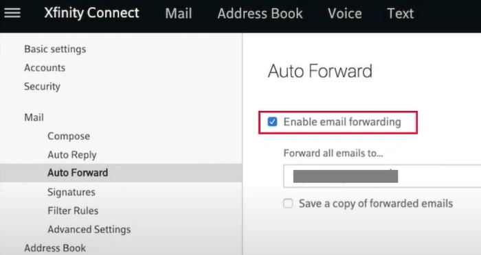 uncheck the Enable email forwarding box