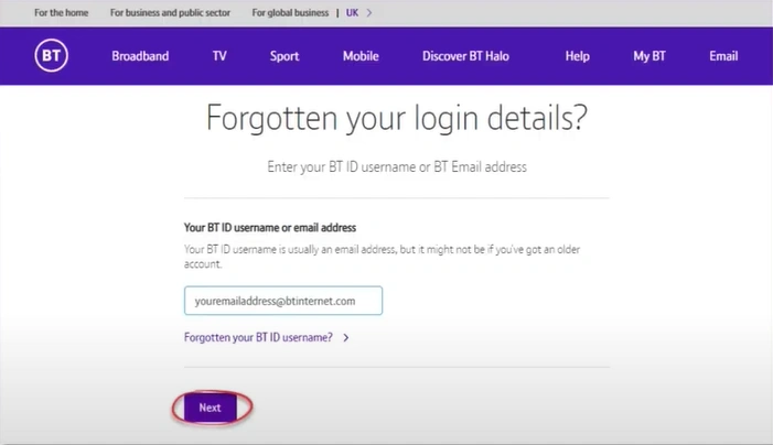 Enter your BT username or email address