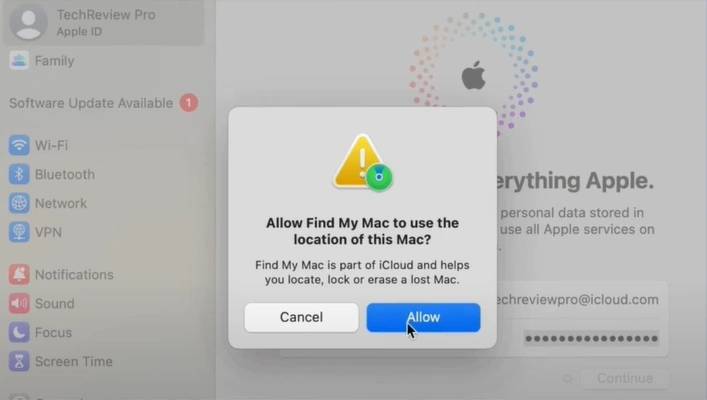 Click Allow for the Find My Mac feature