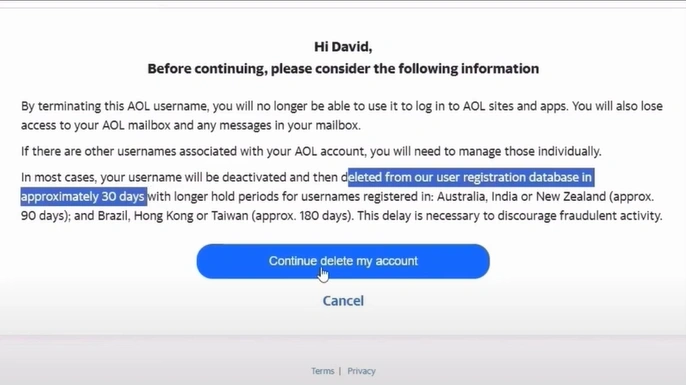 click the Continue delete my account button