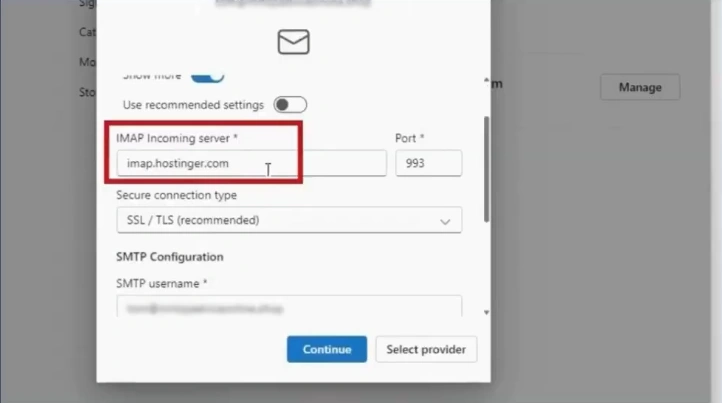 Verify the IMAP server settings by matching