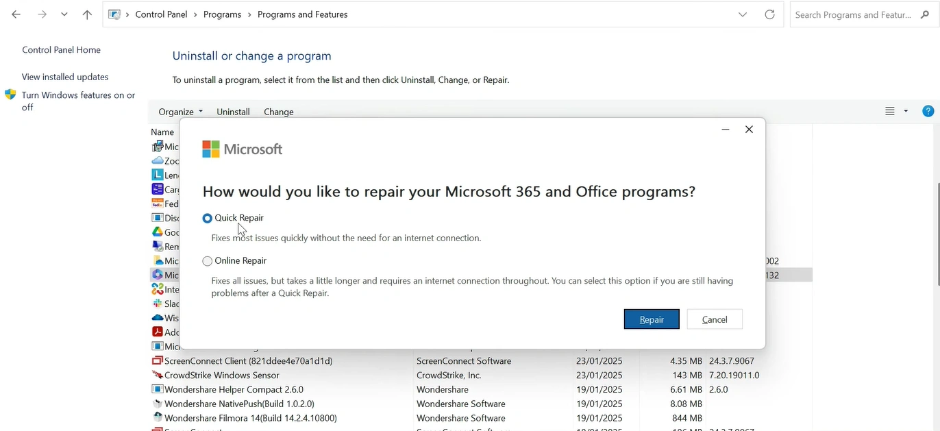 select the radio button next to Quick Repair