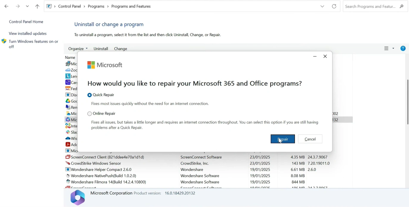 Click on Repair again