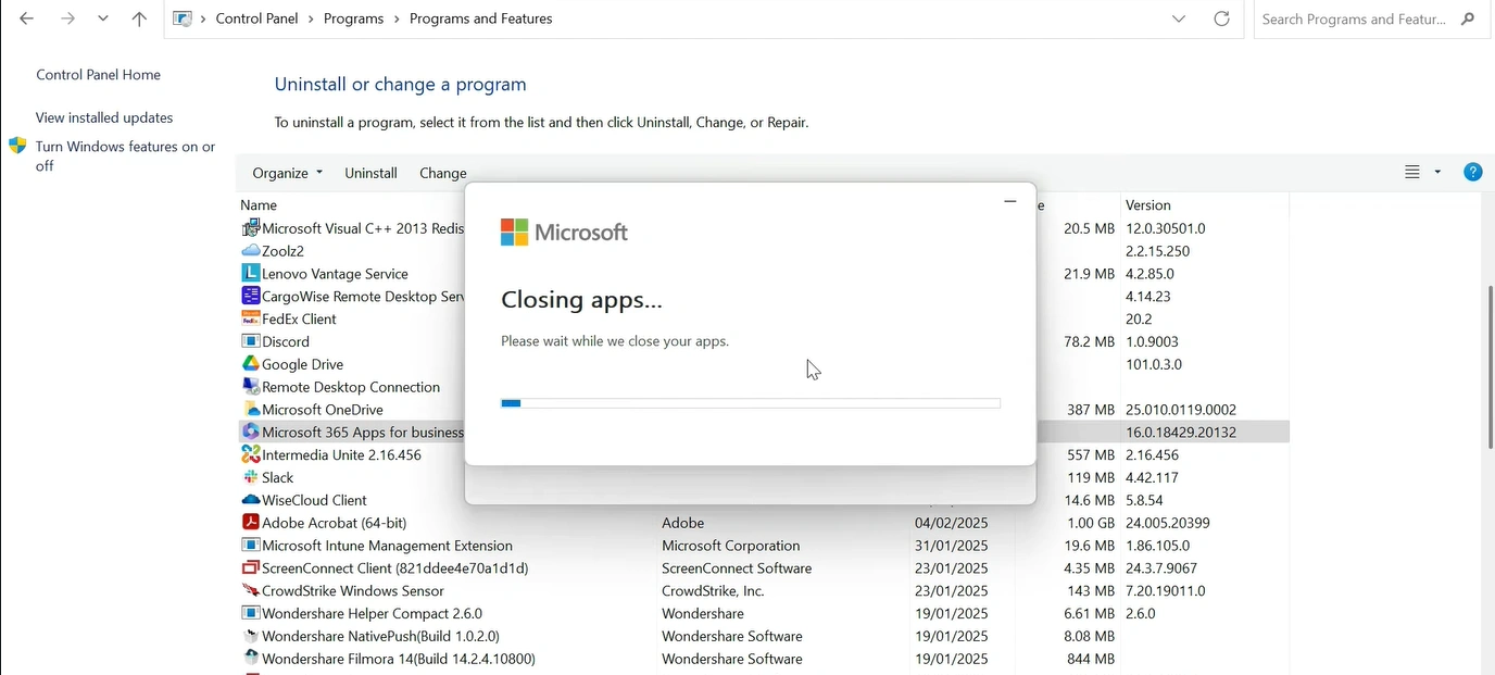 while the Office program repairs itself