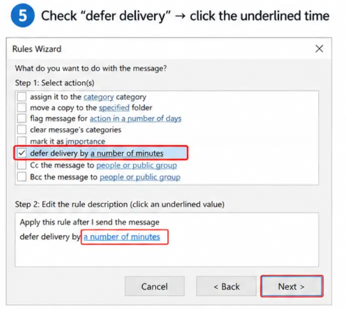Check defer delivery by a number of minutes, click the underlined value, set it to 1 (Outlook's minimum)