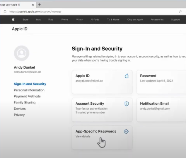 click on the App-Specific Password