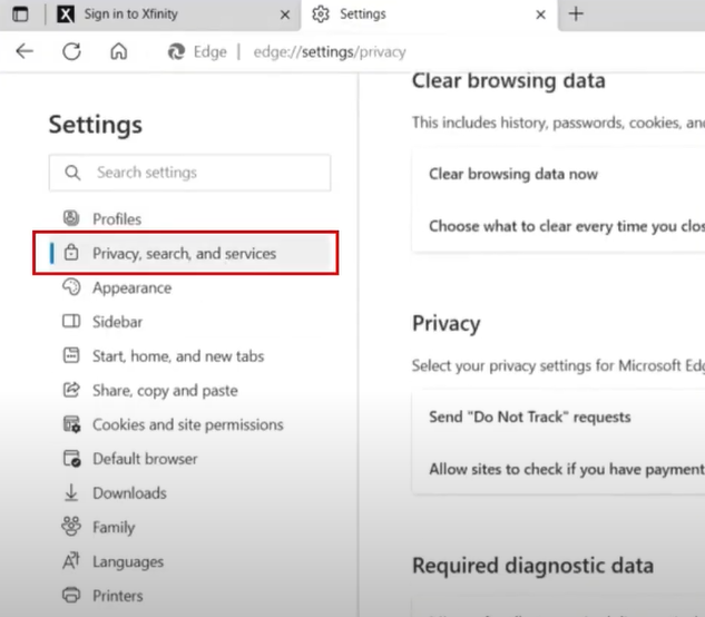 Clixk on Privacy search and service ption