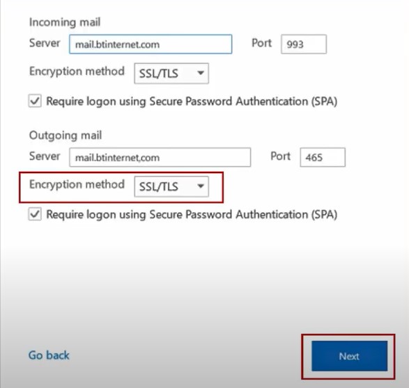 Encryption method is set to SSL/TLS
