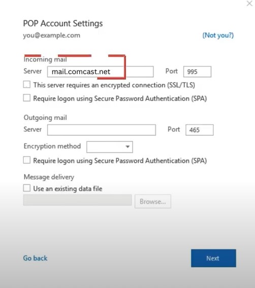 In addition, the box in front of the Outgoing Mail Server says smtp.comcast.net. 