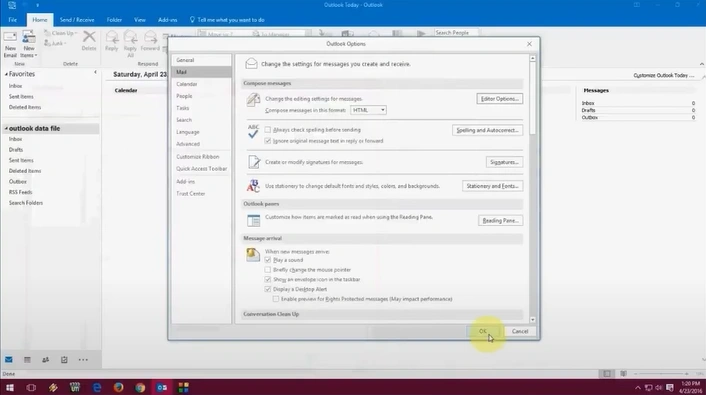 Click on OK in the Outlook options