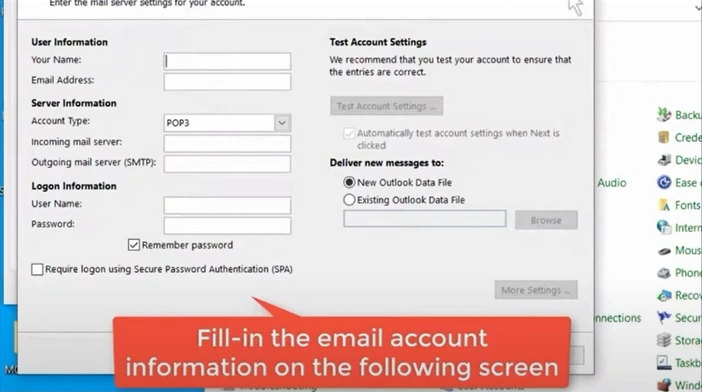 Fill in your E-mail account